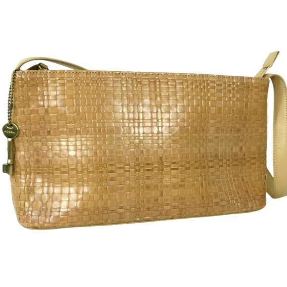 Vintage FOSSIL Tan Woven Leather Shoulder Bag Key Charm Zipper Handbag Purse - Picture 2 of 12